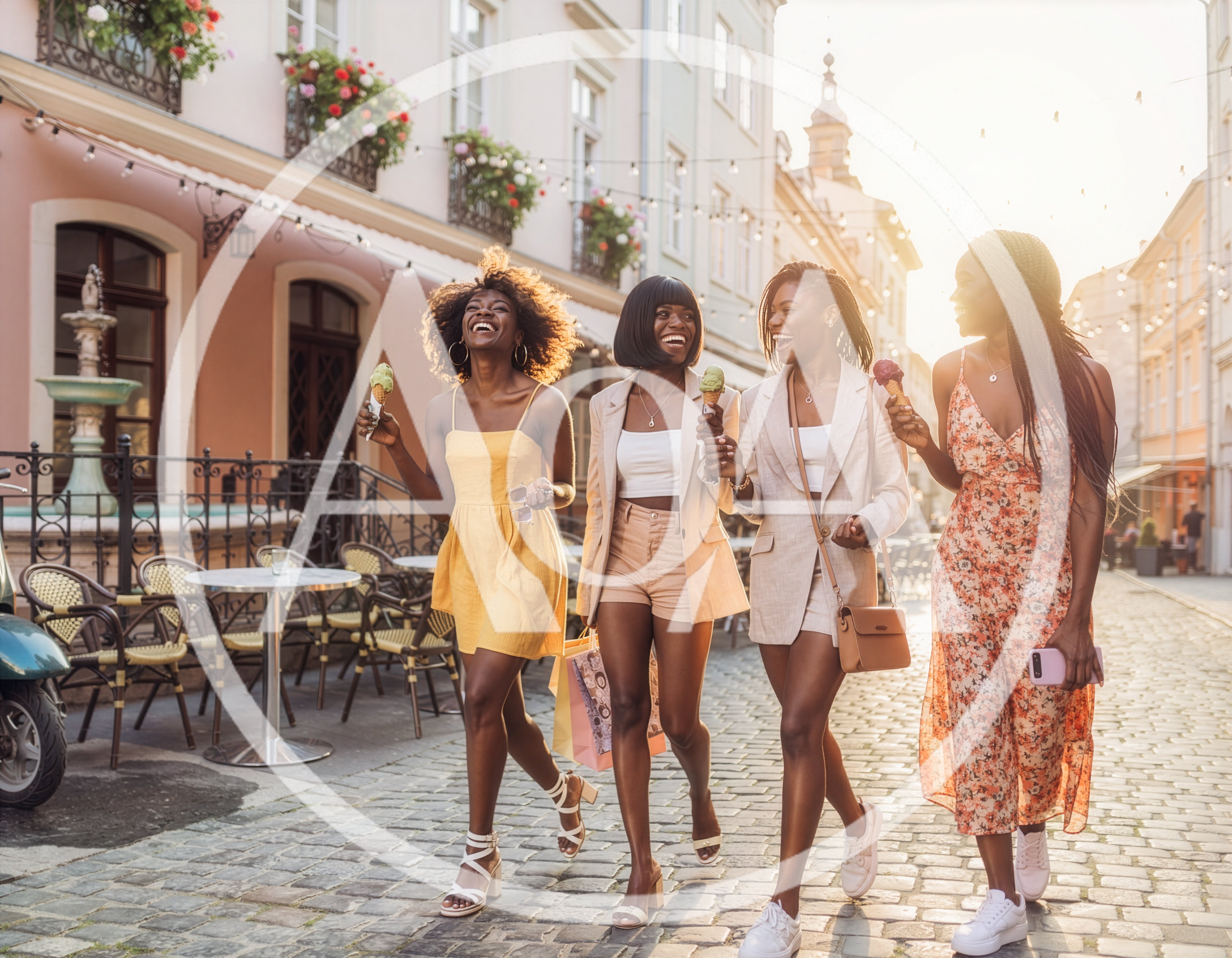 Four Happy Women Walking With Ice Cream Outdoors