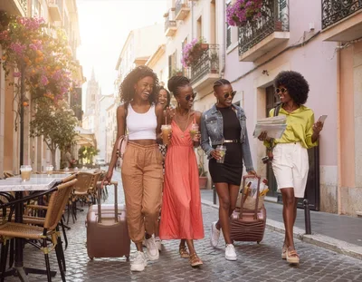 Group Of Stylish Women Walking With Luggage In Europe
