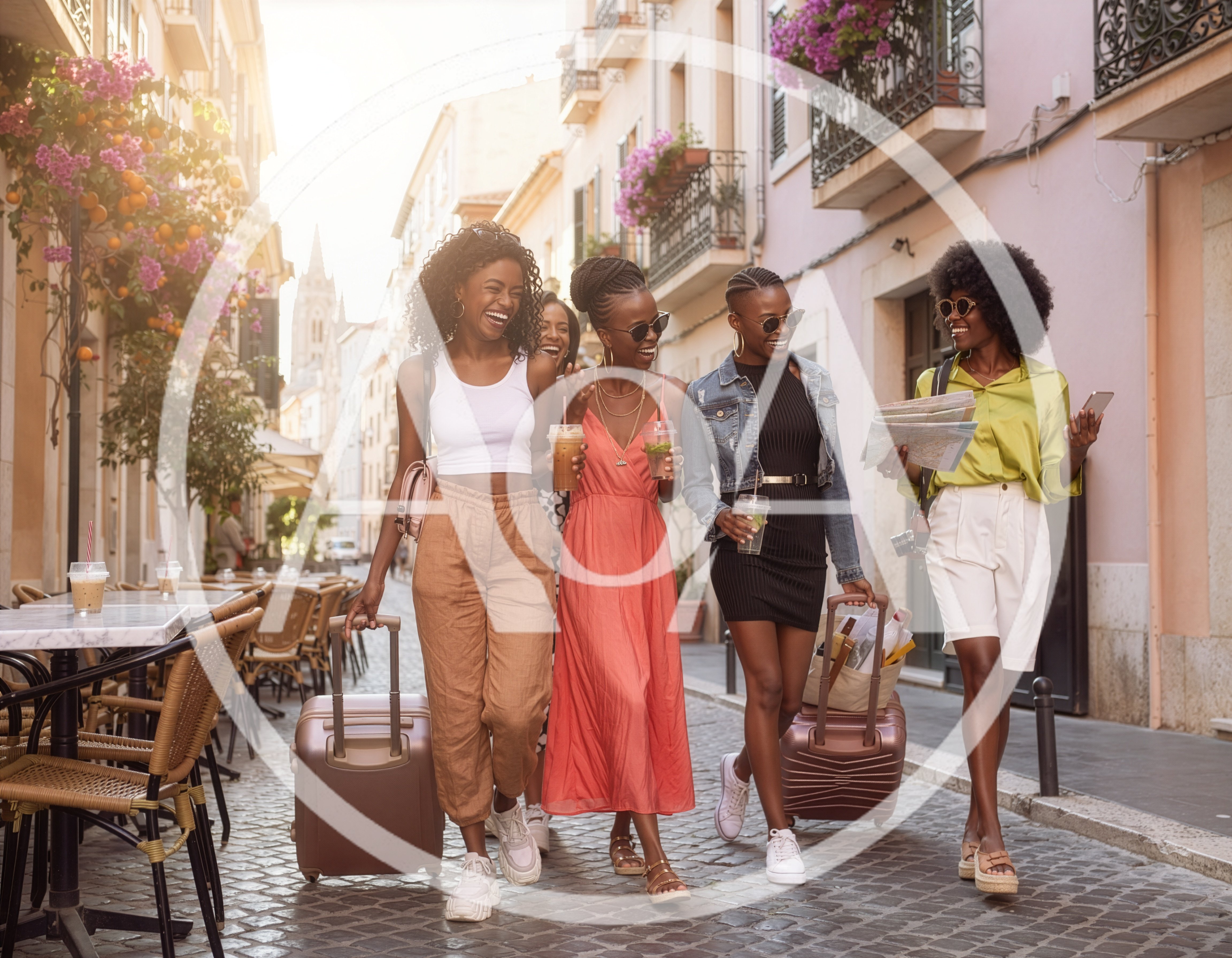 Group Of Stylish Women Walking With Luggage In Europe
