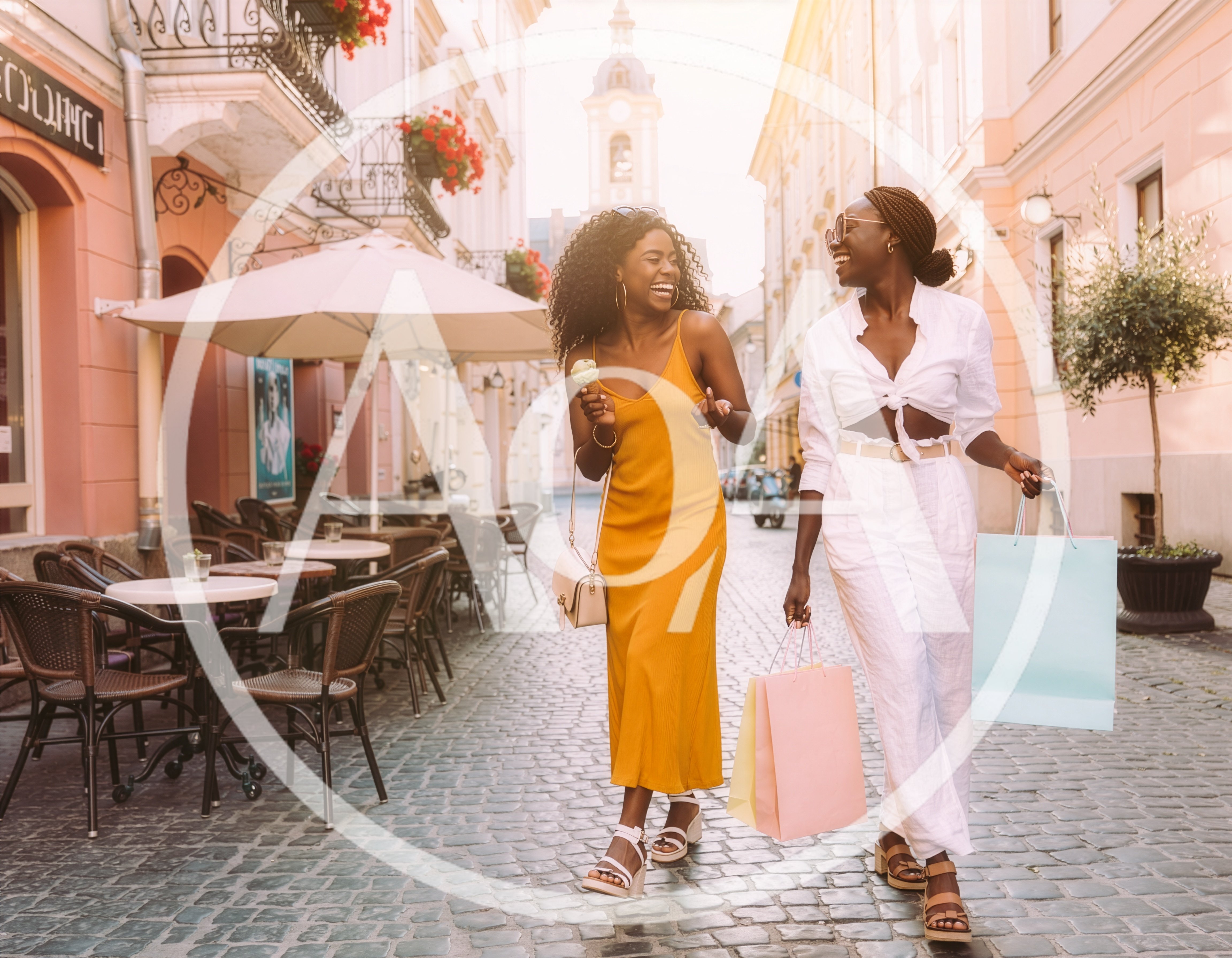 Two Women Walking and Shopping on a Cobblestone Street