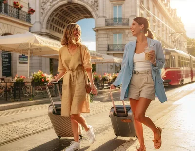 Two Women Walking With Suitcases In European City