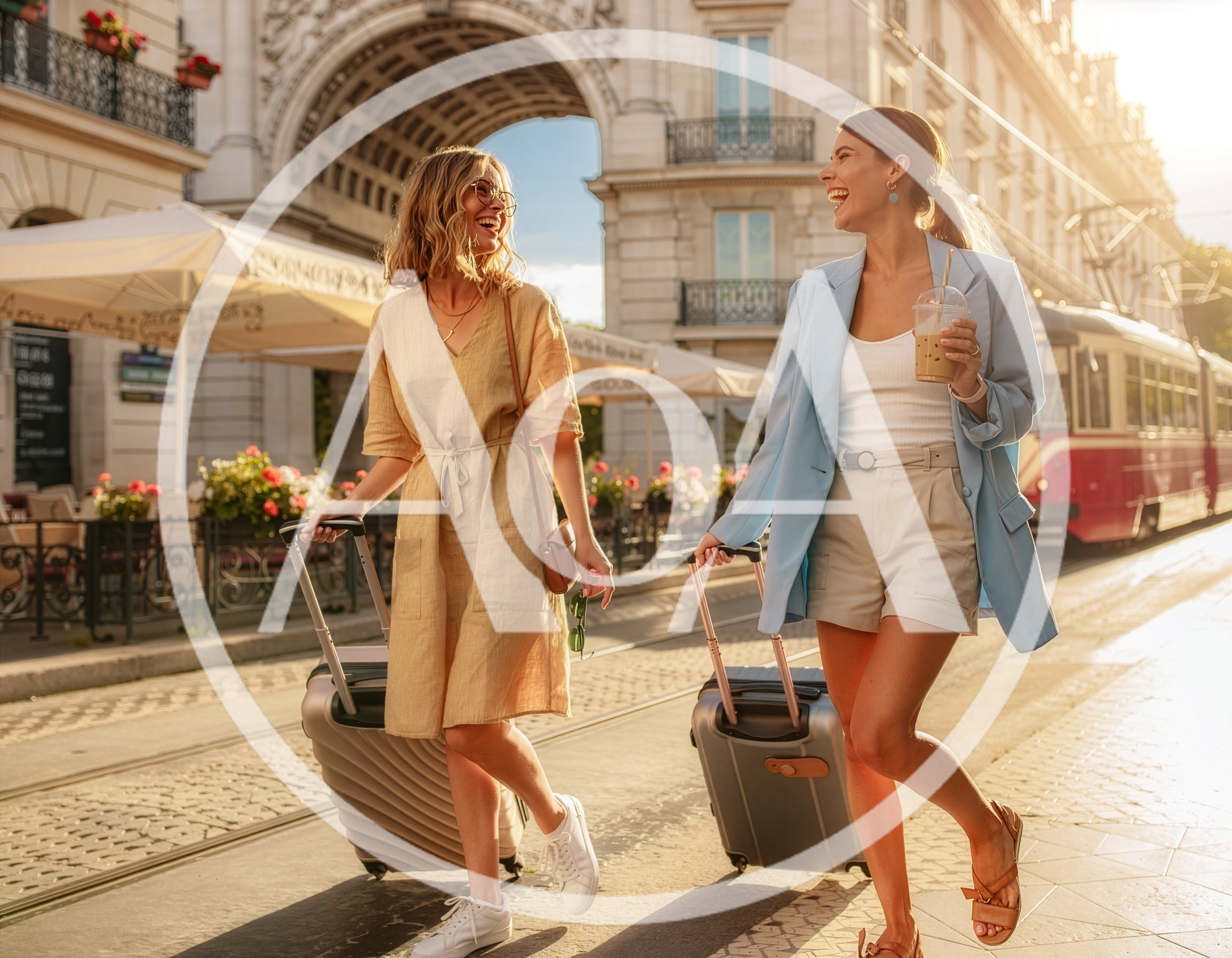 Two Women Walking With Suitcases In European City