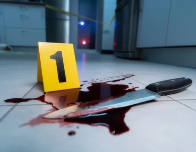 Crime Scene Investigation With Knife And Blood Evidence