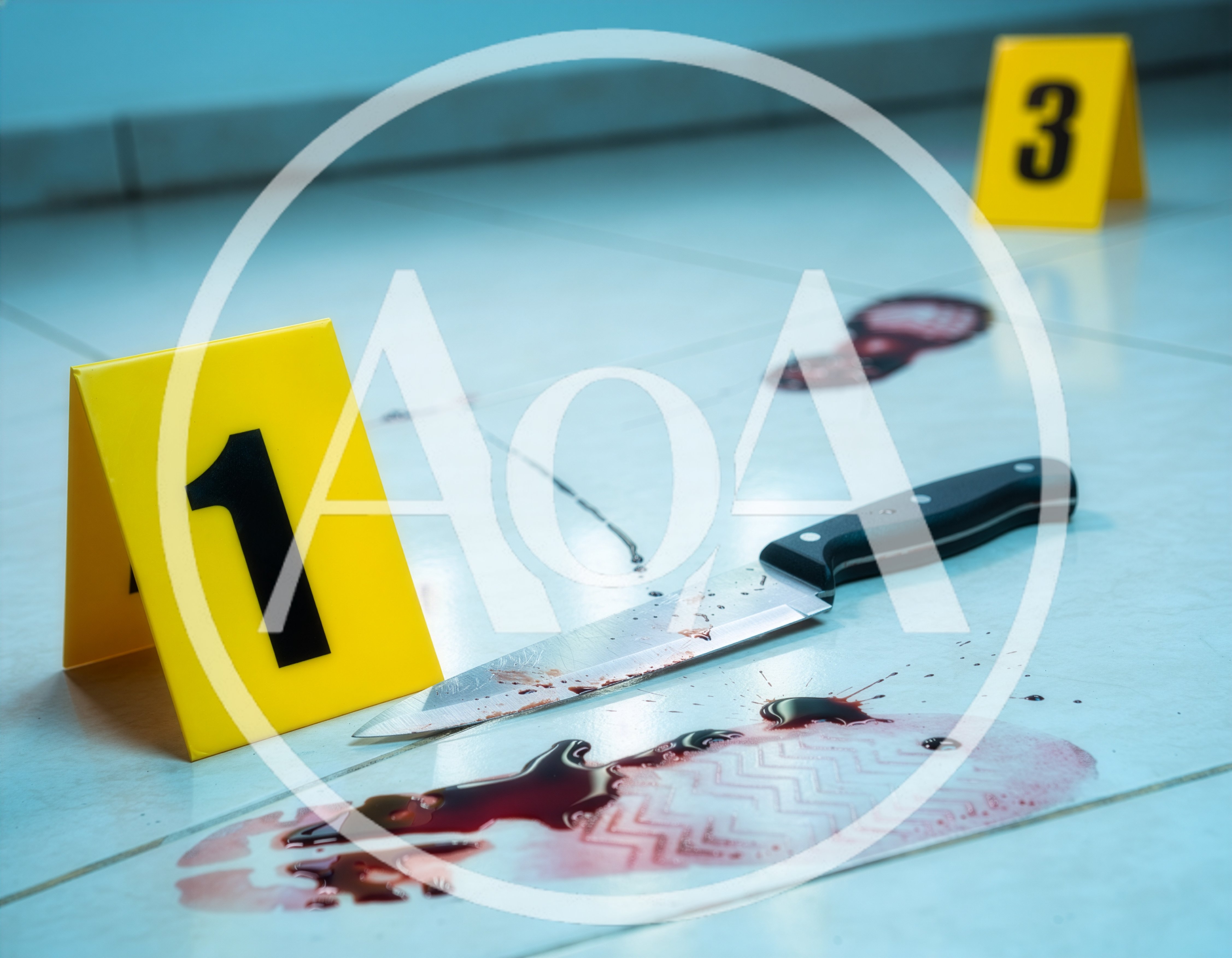 Crime Scene Investigation With Knife And Bloody Footprints