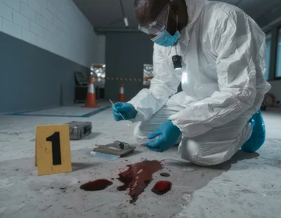 Forensic Investigator Collecting Blood Evidence At Crime Scene