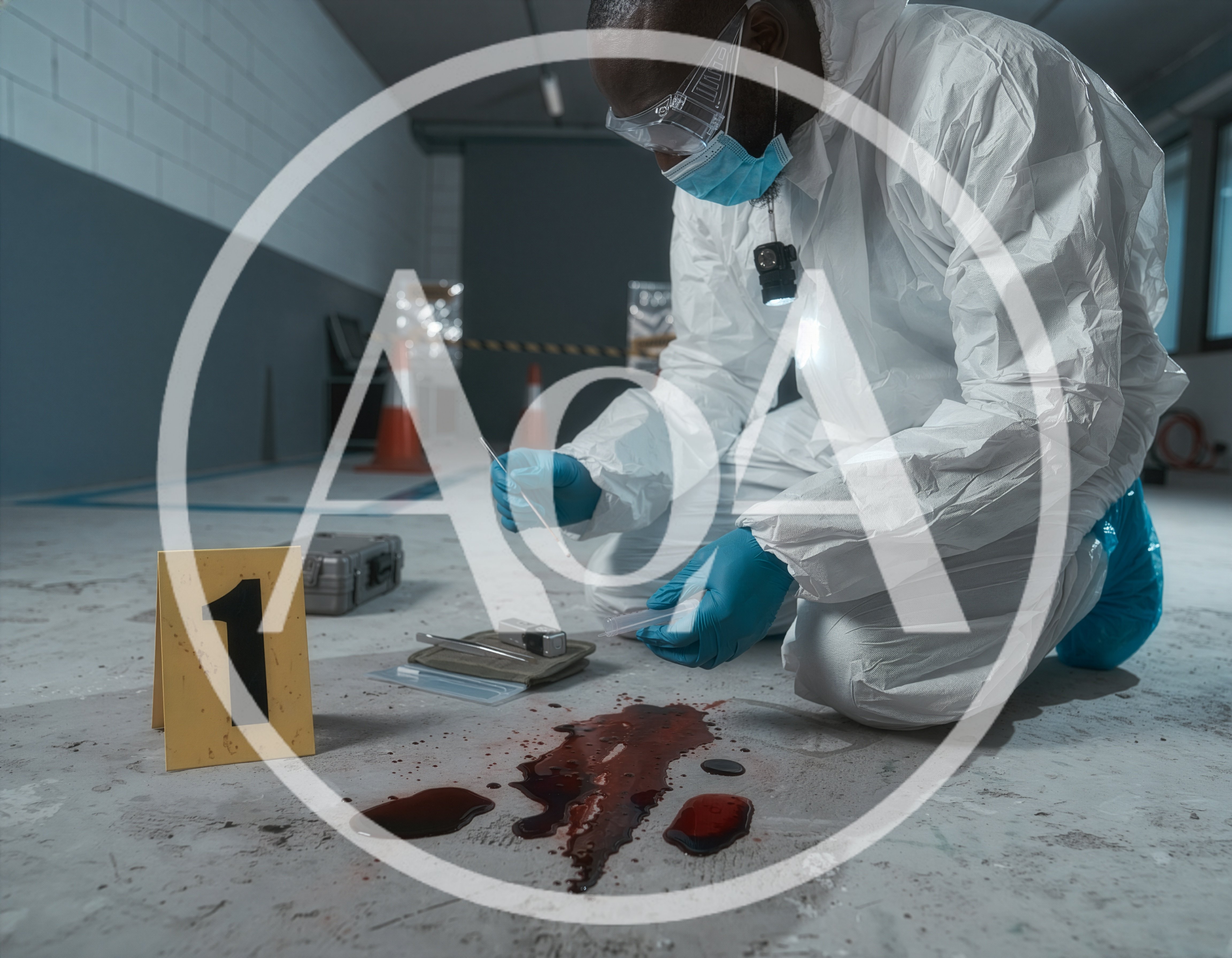 Forensic Investigator Collecting Blood Evidence At Crime Scene