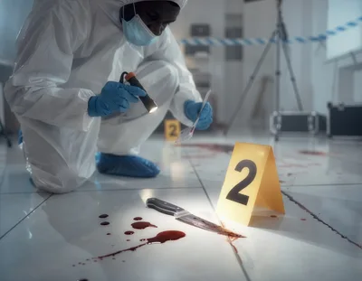 Forensic Investigator Examining Evidence At A Crime Scene