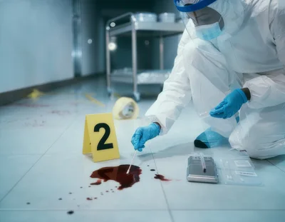 Forensic Investigator Collecting Blood Evidence At Crime Scene