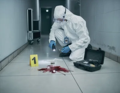 Forensic Investigator Examining Blood Evidence At Crime Scene