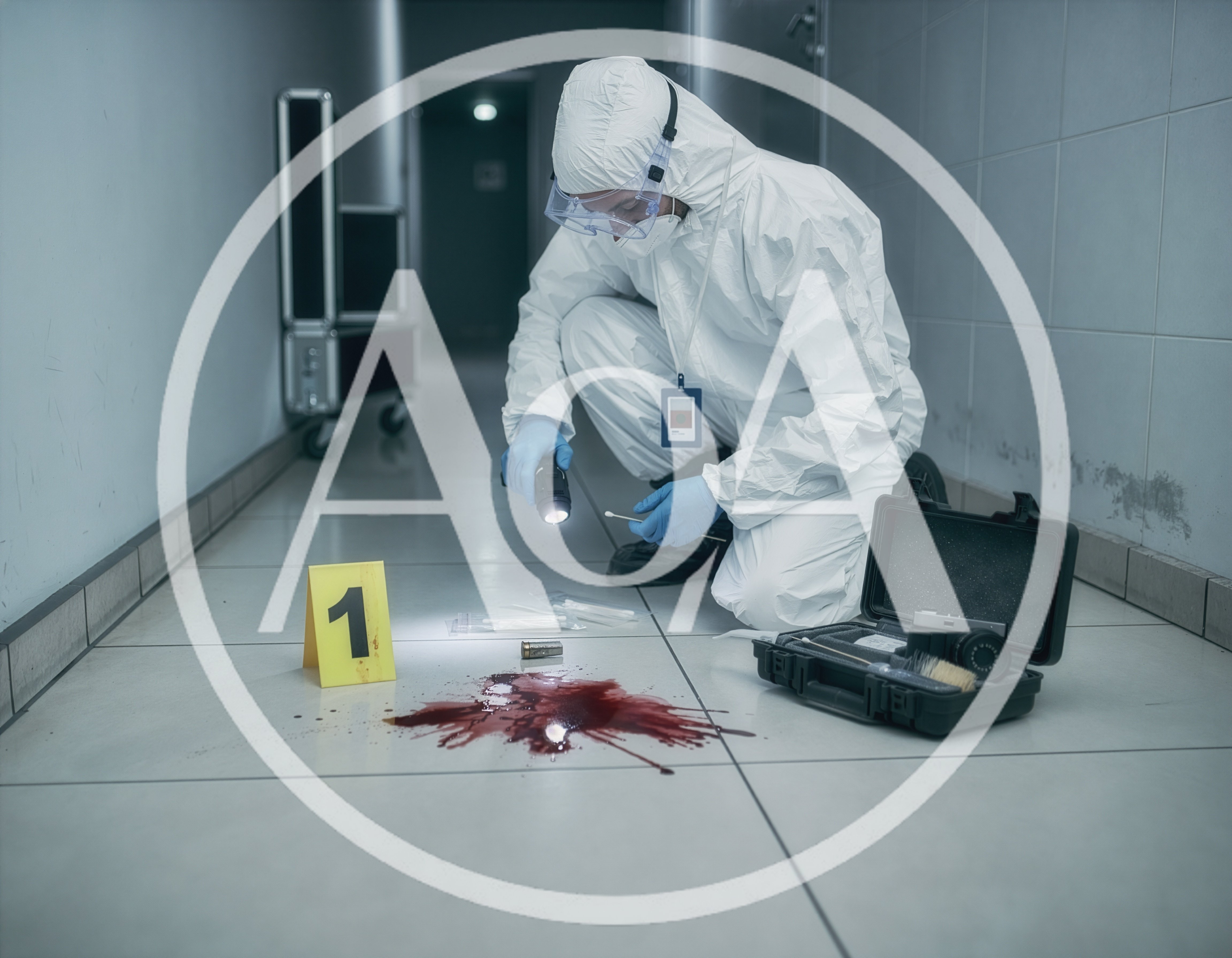 Forensic Investigator Examining Blood Evidence At Crime Scene