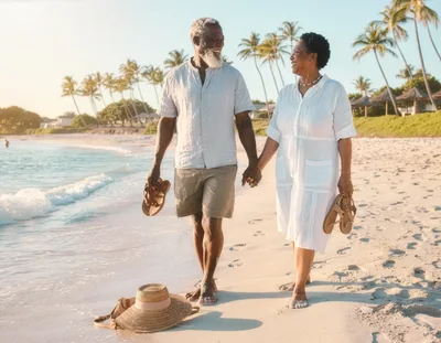 Senior Couple Walking Hand In Hand On Tropical Beach