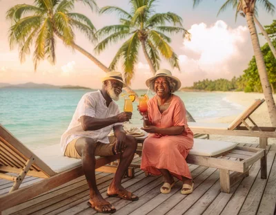 Senior Couple Enjoying Tropical Cocktails on Beach Deck