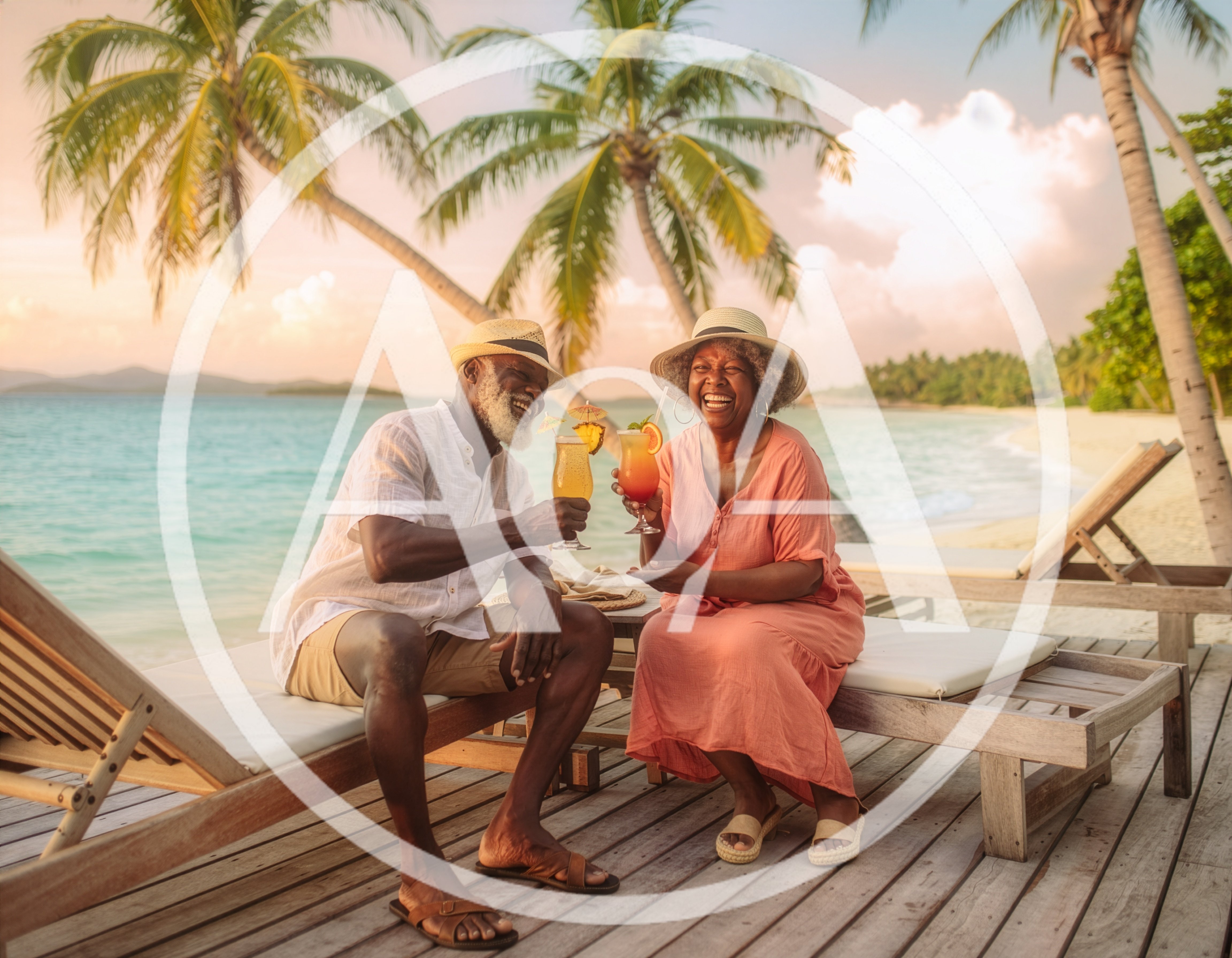 Senior Couple Enjoying Tropical Cocktails on Beach Deck