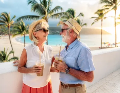 Senior Couple Enjoying Iced Drinks on Tropical Beach Balcony