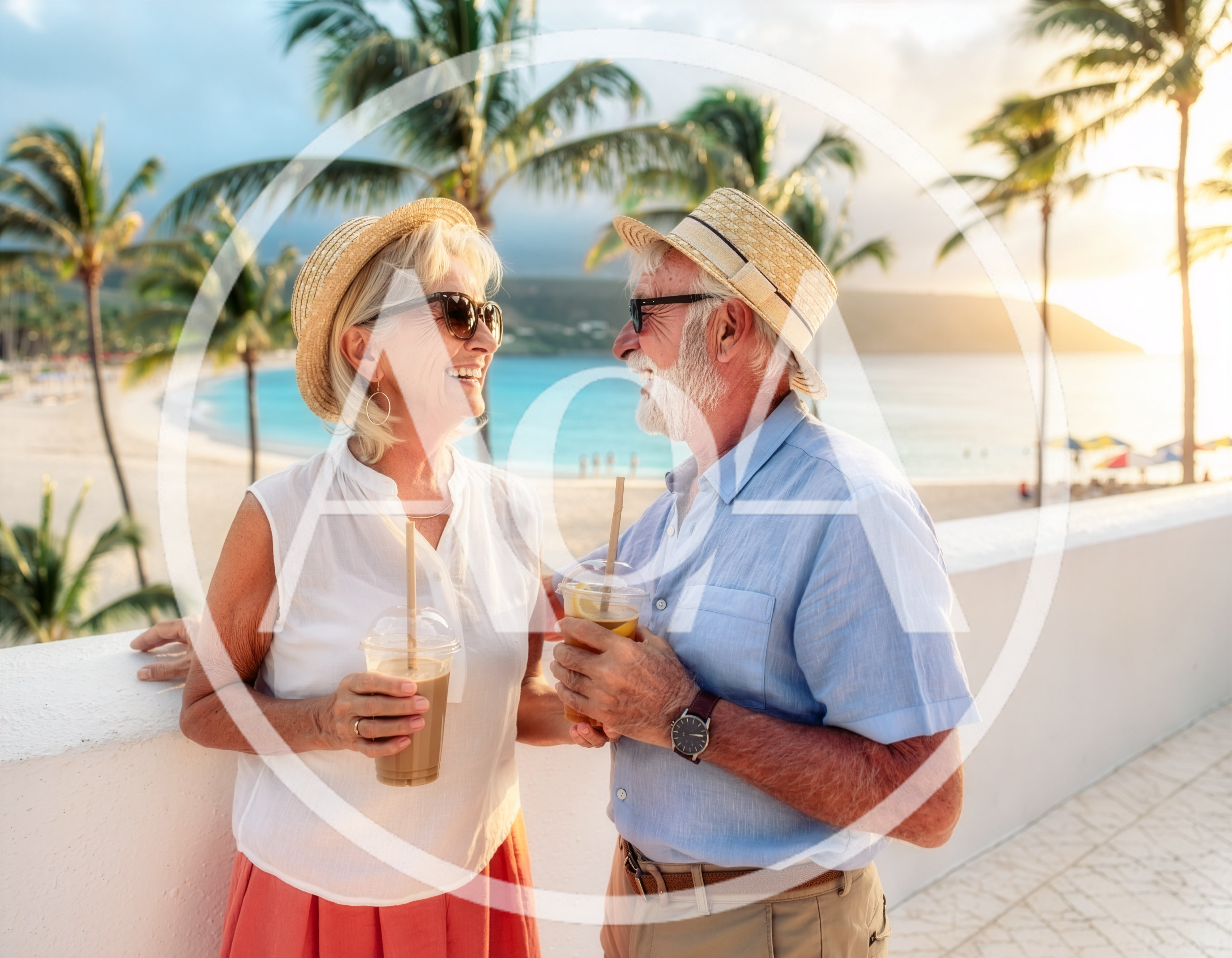 Senior Couple Enjoying Iced Drinks on Tropical Beach Balcony