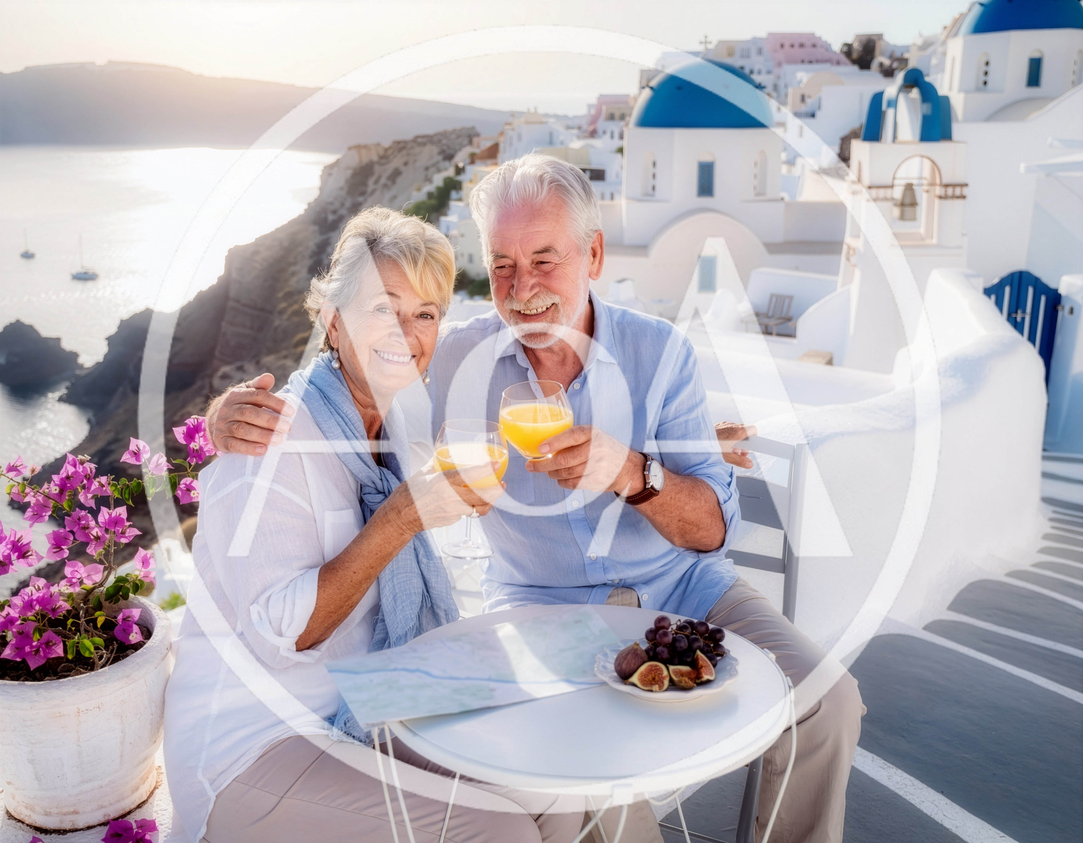 Senior Couple Toasting With Orange Juice In Santorini