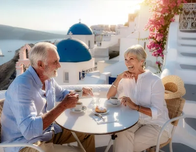 Senior Couple Enjoying Coffee on a Santorini Terrace