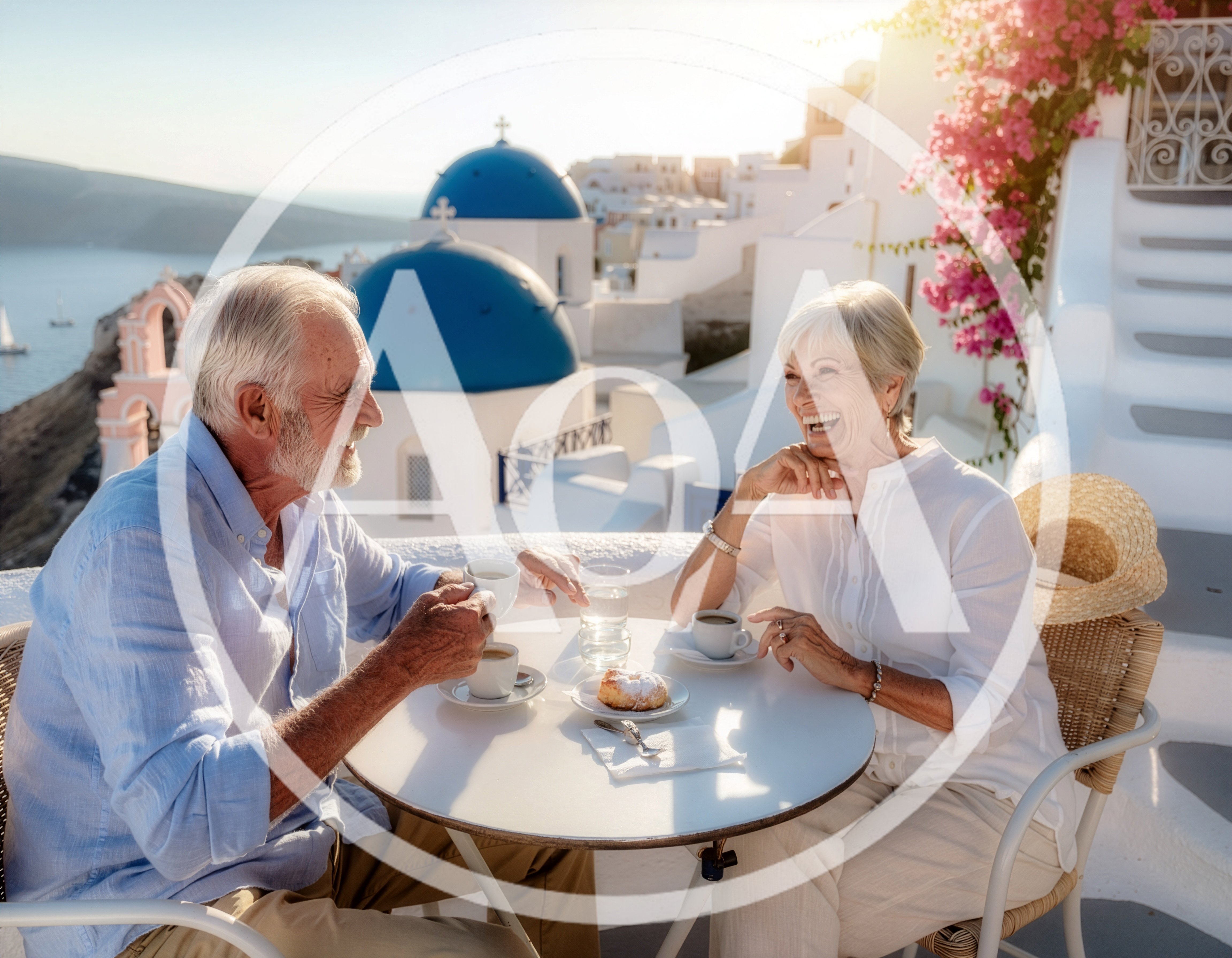 Senior Couple Enjoying Coffee on a Santorini Terrace