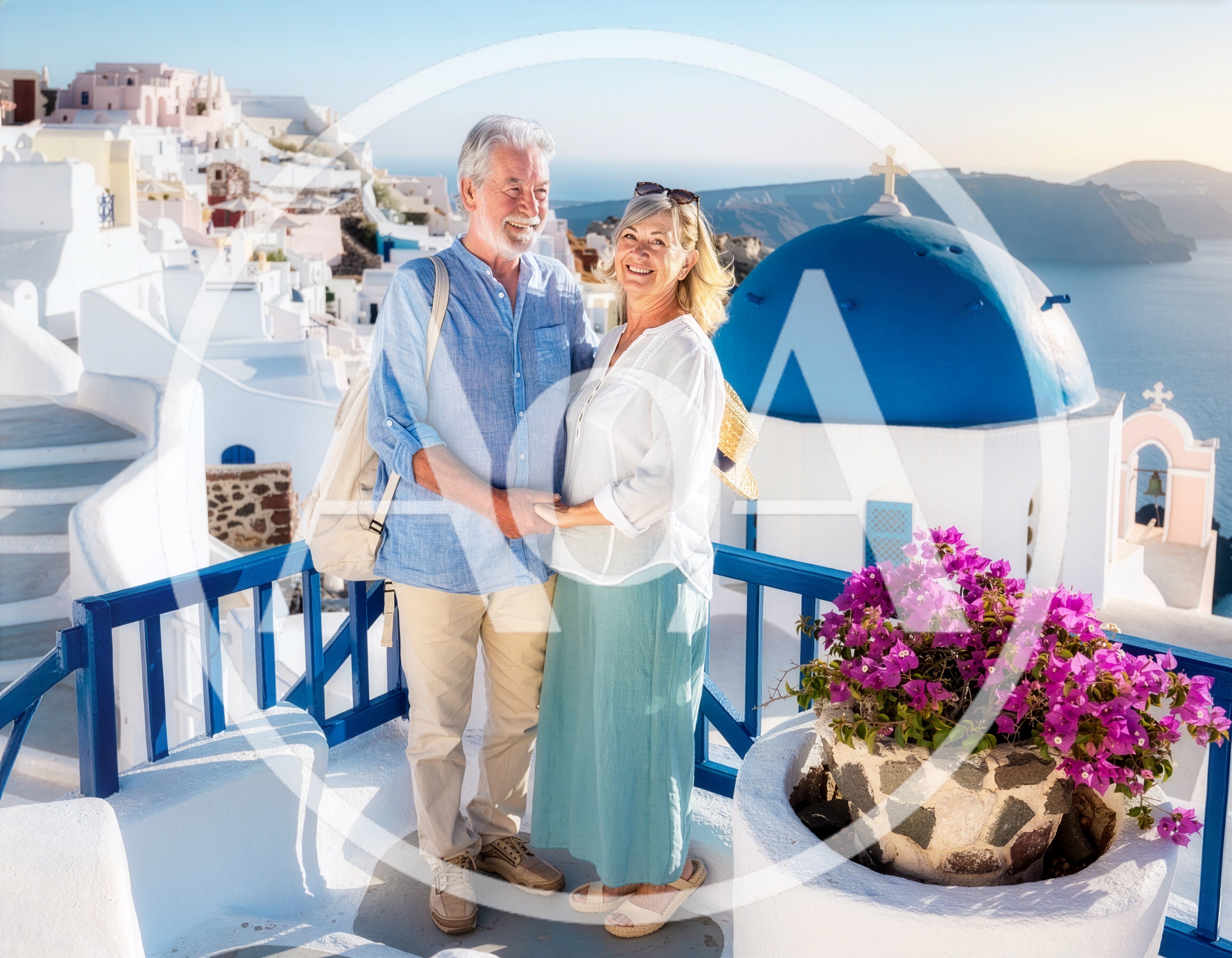 Senior Couple Standing Together On A Santorini Terrace
