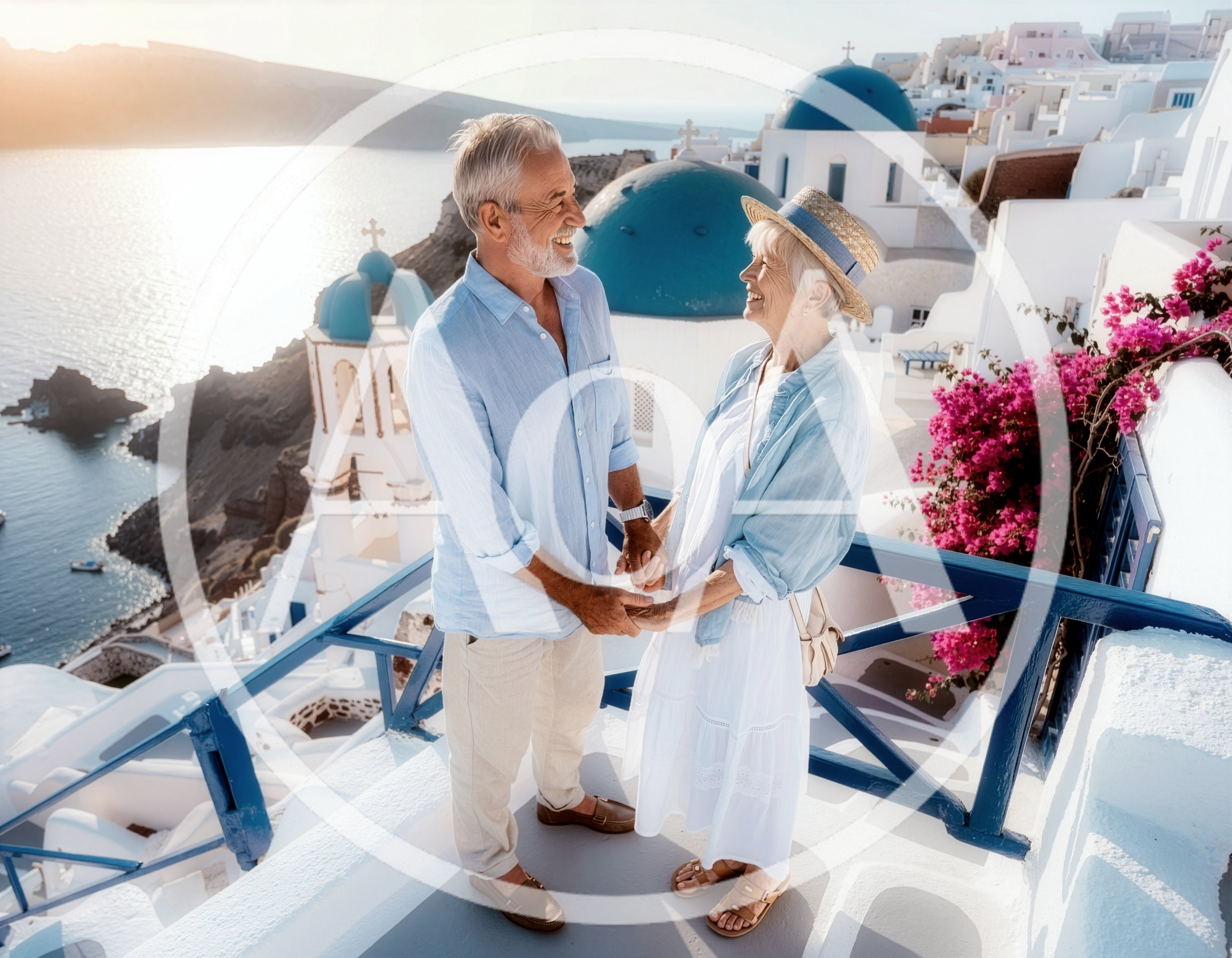 Senior Couple Holding Hands Overlooking Santorini