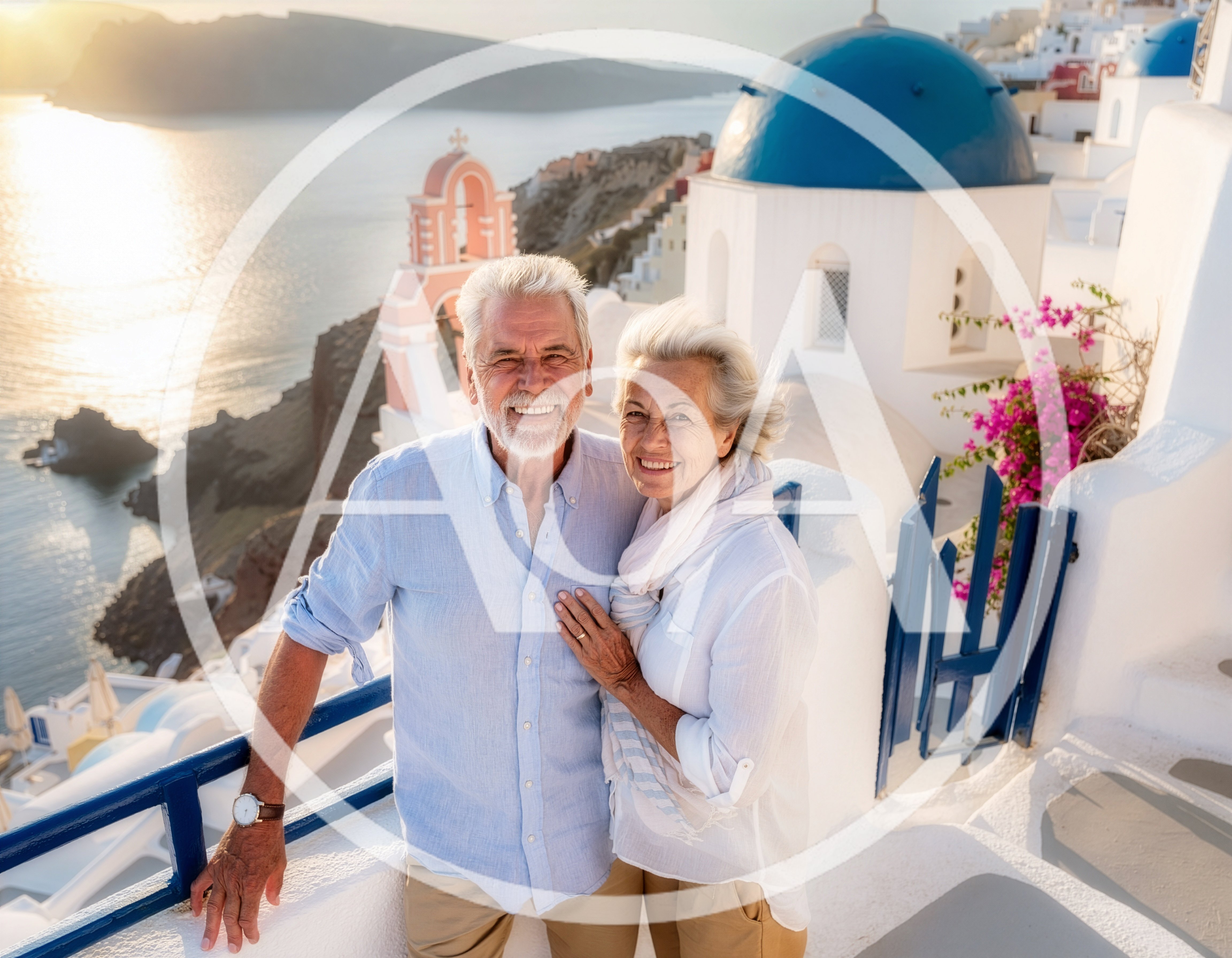 Senior Couple Enjoying Sunset Vacation in Santorini