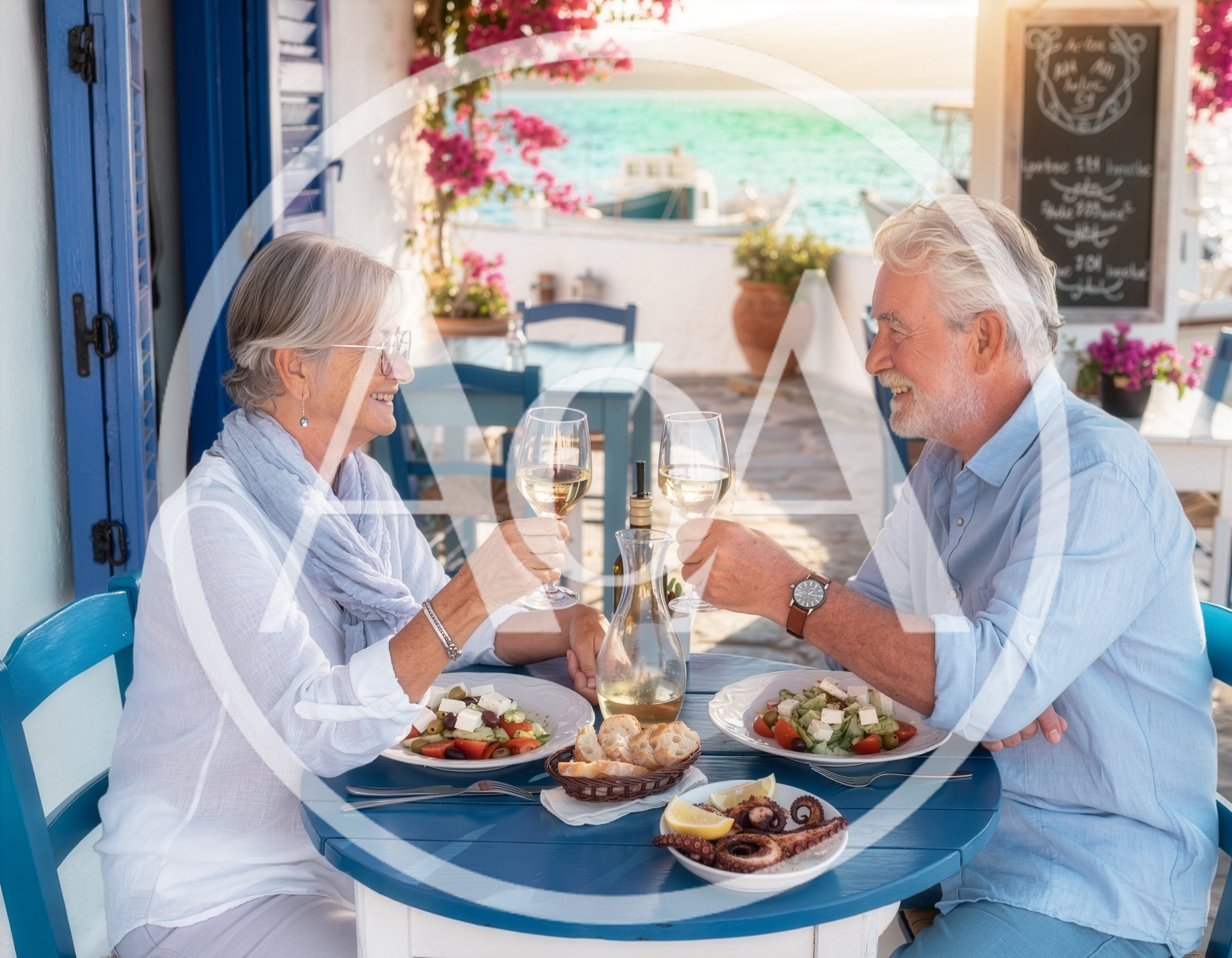Senior Couple Toasting With Wine At Seaside Restaurant