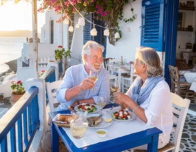 Senior Couple Enjoying Romantic Dinner In Santorini