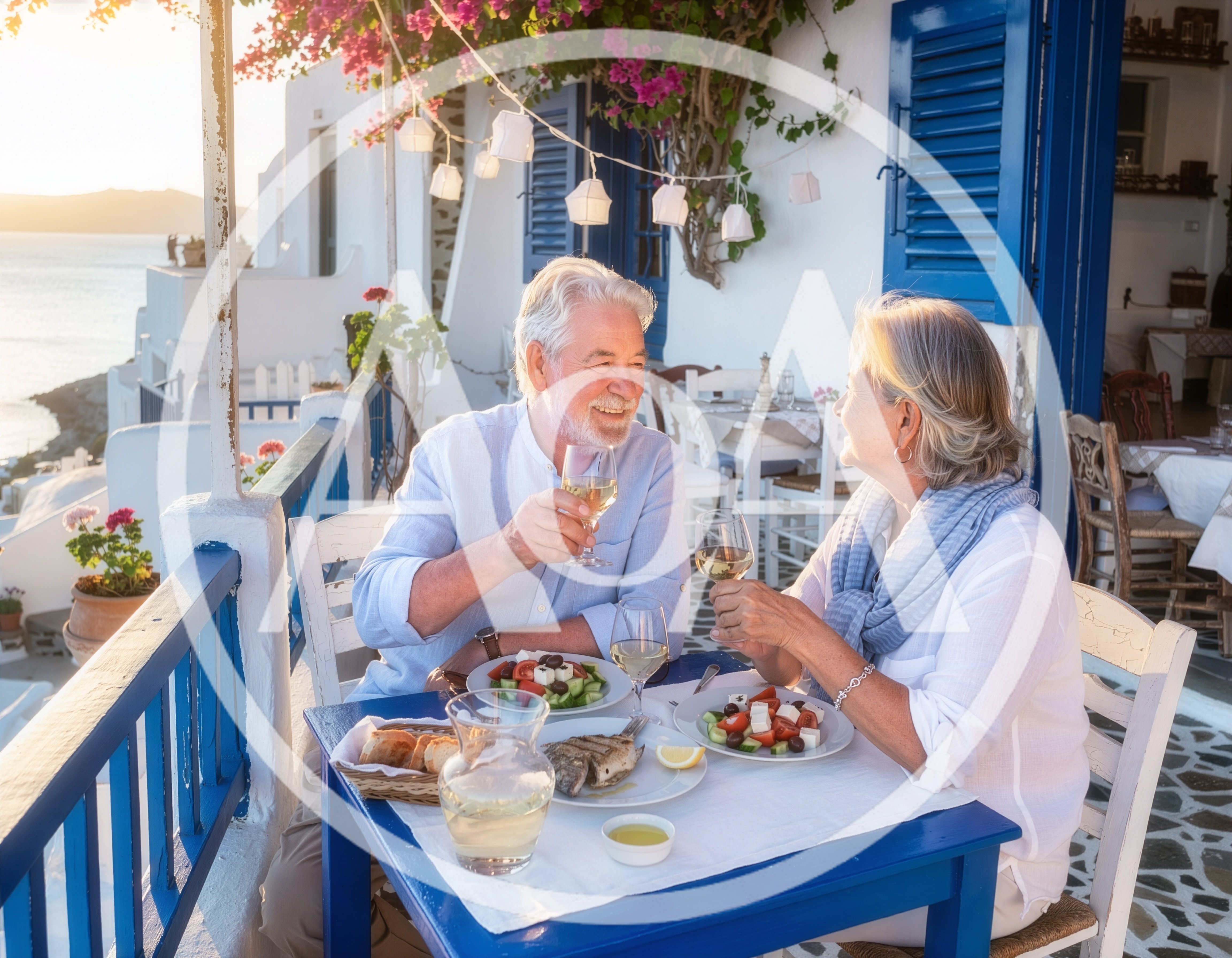 Senior Couple Enjoying Romantic Dinner In Santorini
