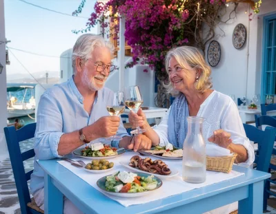 Senior Couple Enjoying A Romantic Dinner In Greece