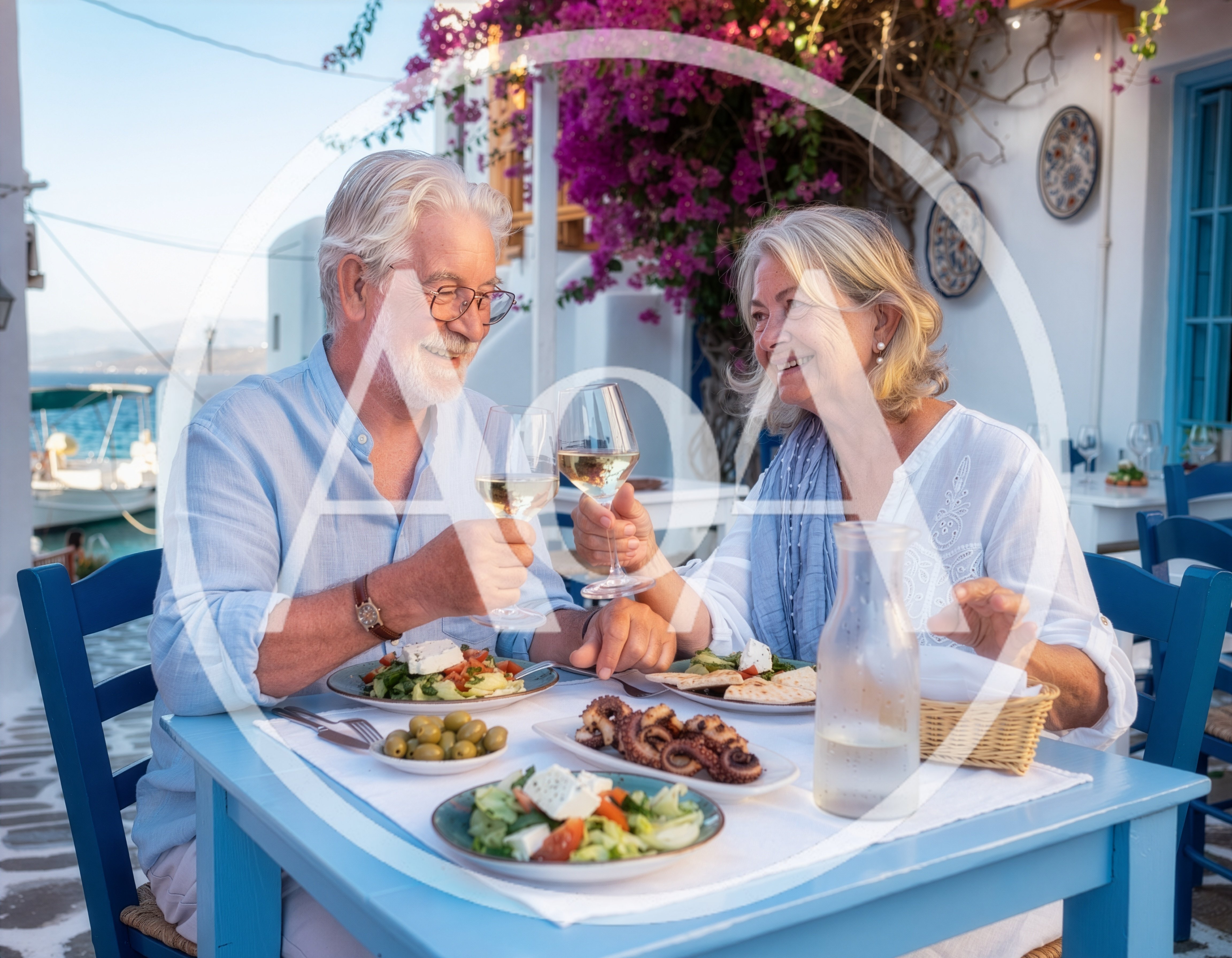 Senior Couple Enjoying A Romantic Dinner In Greece