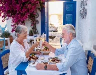 Senior Couple Toasting With Wine At Seaside Restaurant