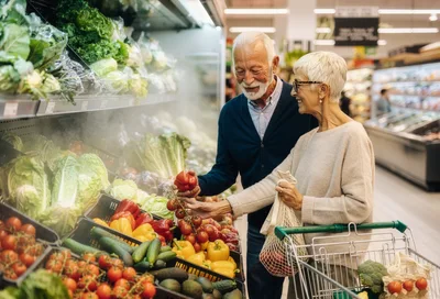 Senior Couple Shopping for Fresh Vegetables in Supermarket