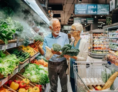 Senior Couple Shopping For Fresh Vegetables In Supermarket
