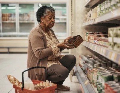 Senior Woman Checking Empty Wallet in Grocery Store