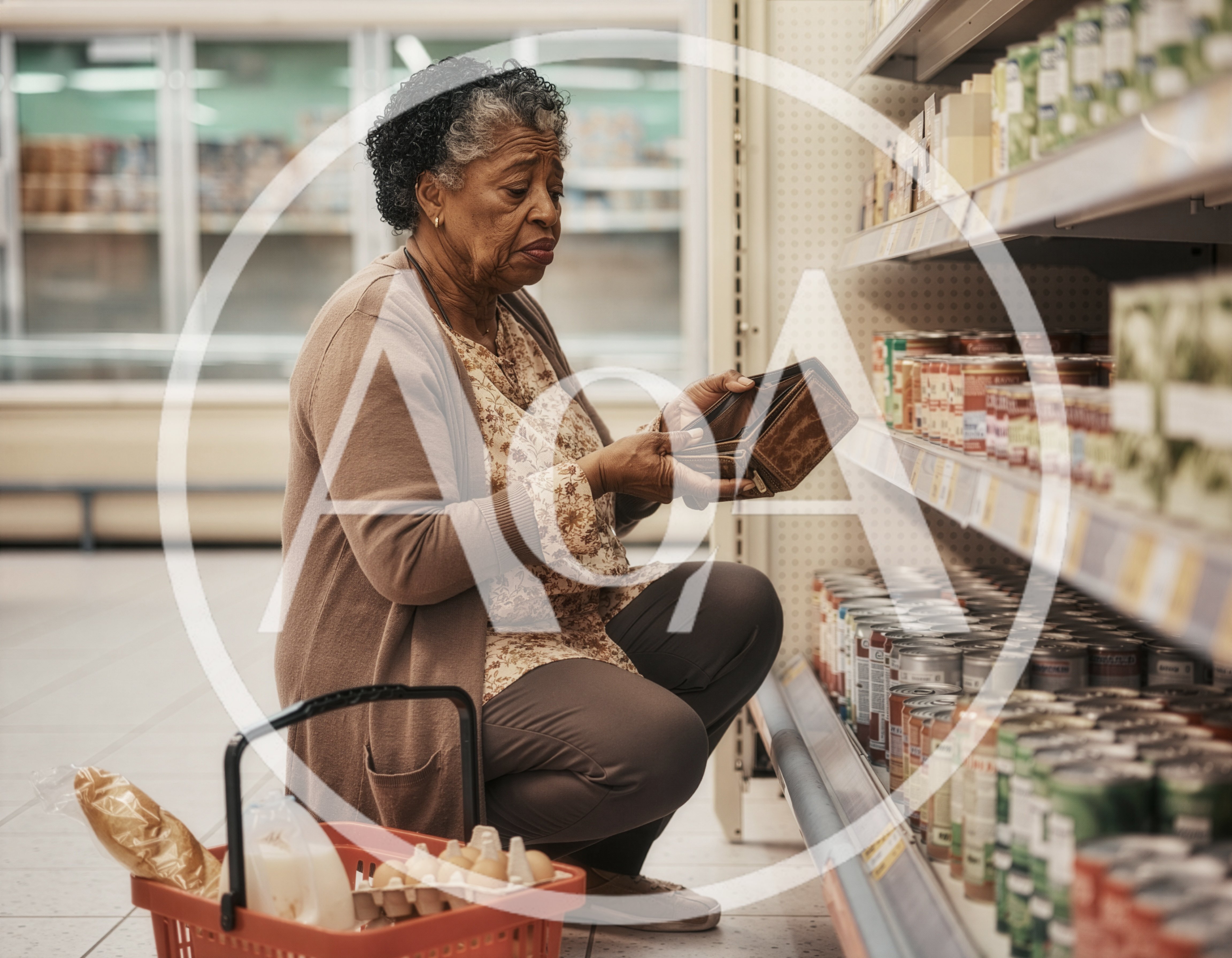Senior Woman Checking Empty Wallet in Grocery Store