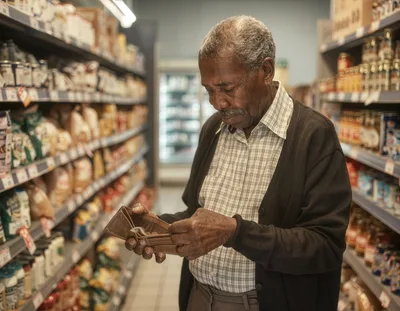 Elderly Man Checking Empty Wallet in Grocery Store