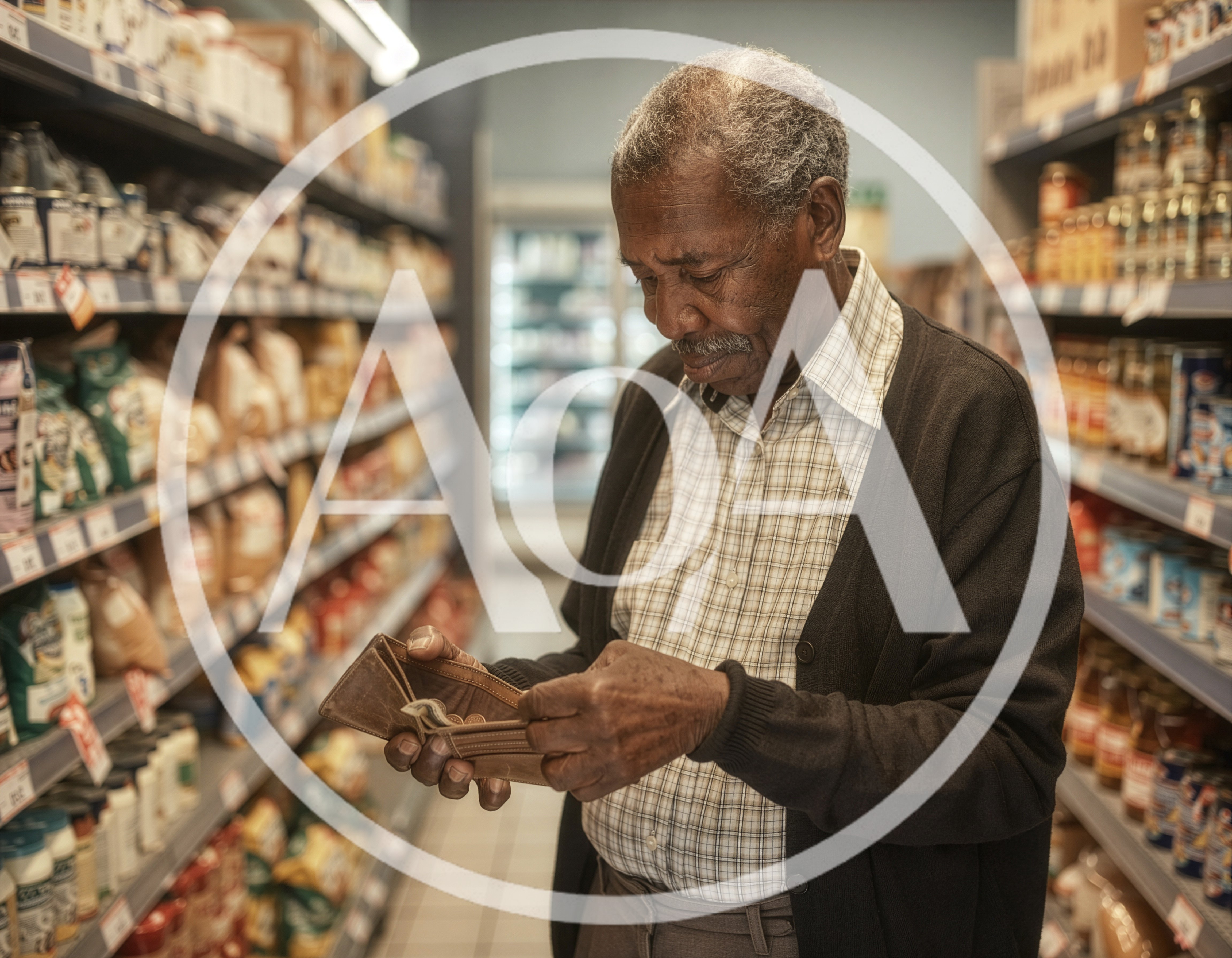 Elderly Man Checking Empty Wallet in Grocery Store