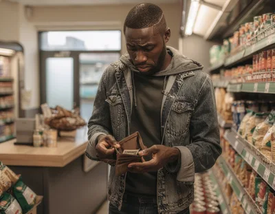 Man Checking Empty Wallet In Grocery Store