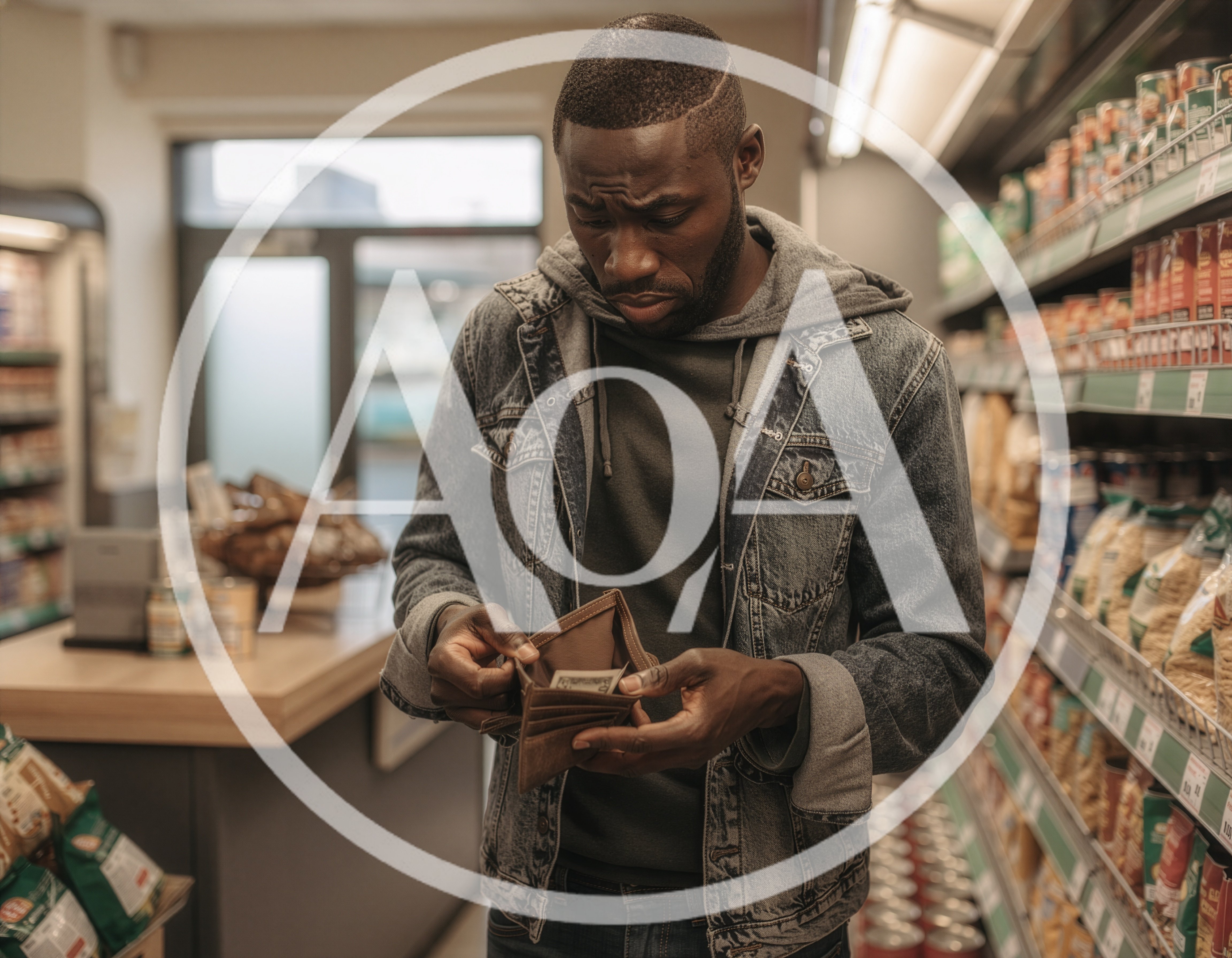 Man Checking Empty Wallet In Grocery Store