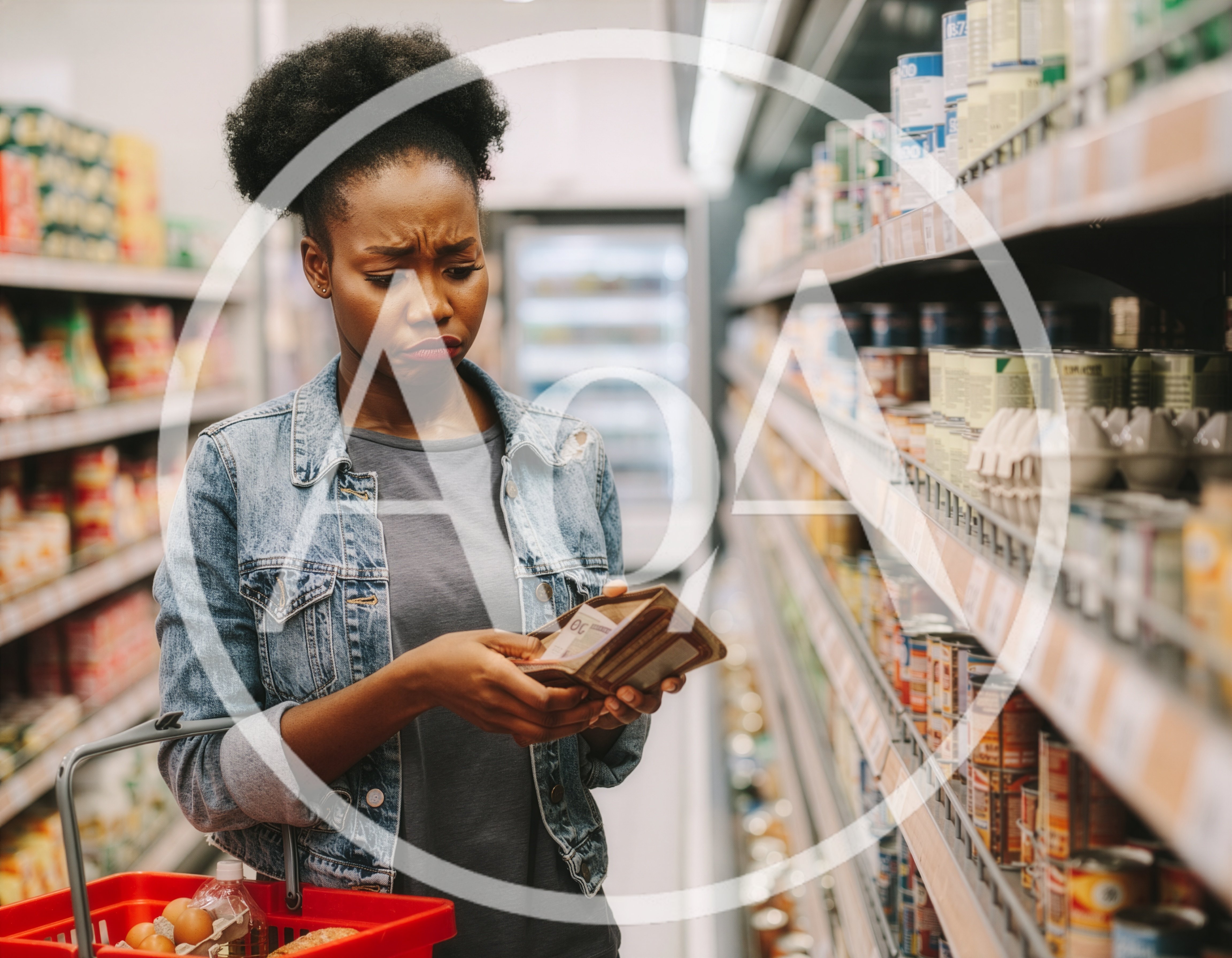 Stressed Woman Checking Wallet In Grocery Store