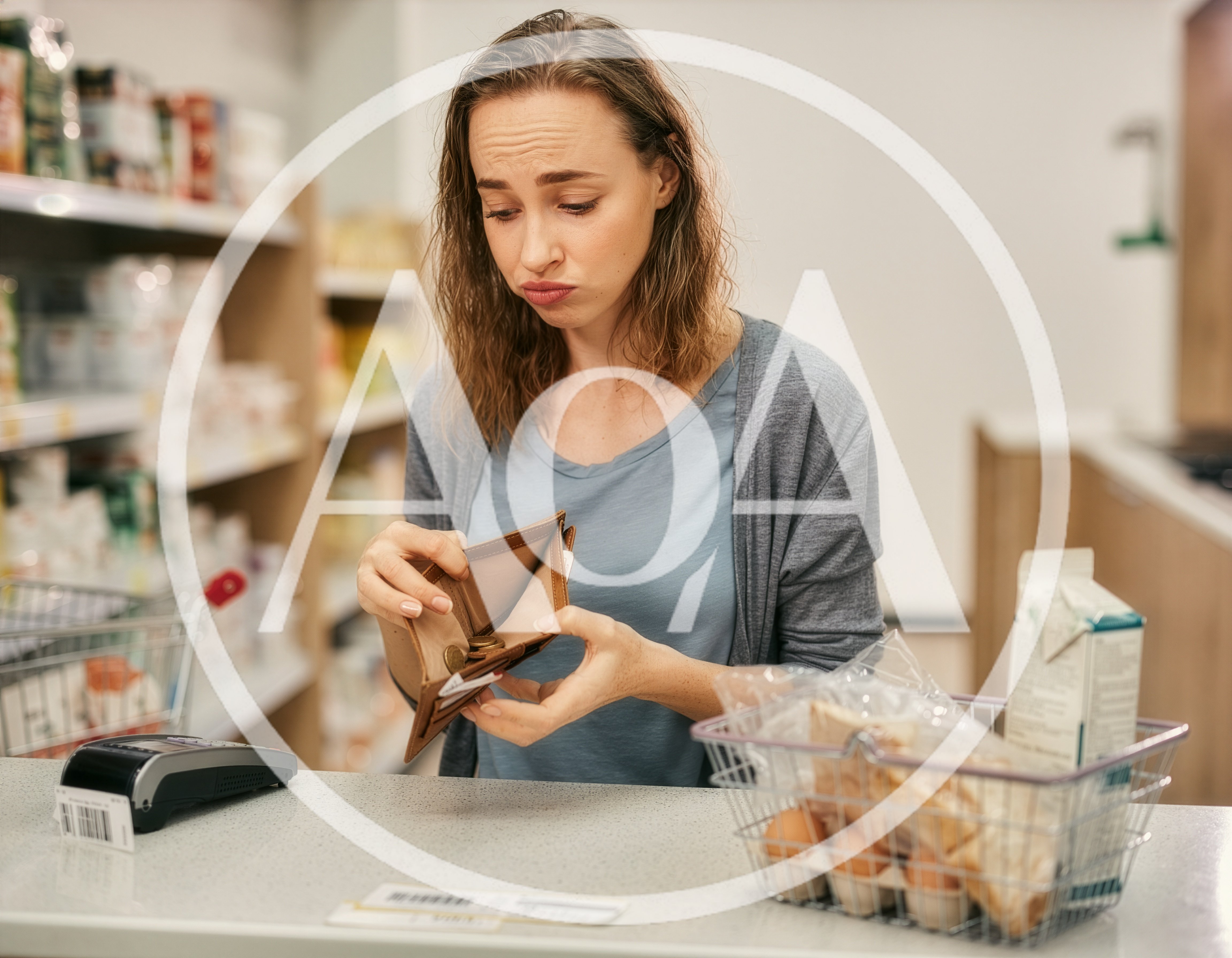 Woman Checking Empty Wallet at Grocery Store Checkout