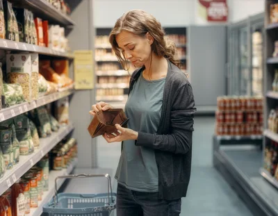 Stressed Woman Checking Empty Wallet in Grocery Store