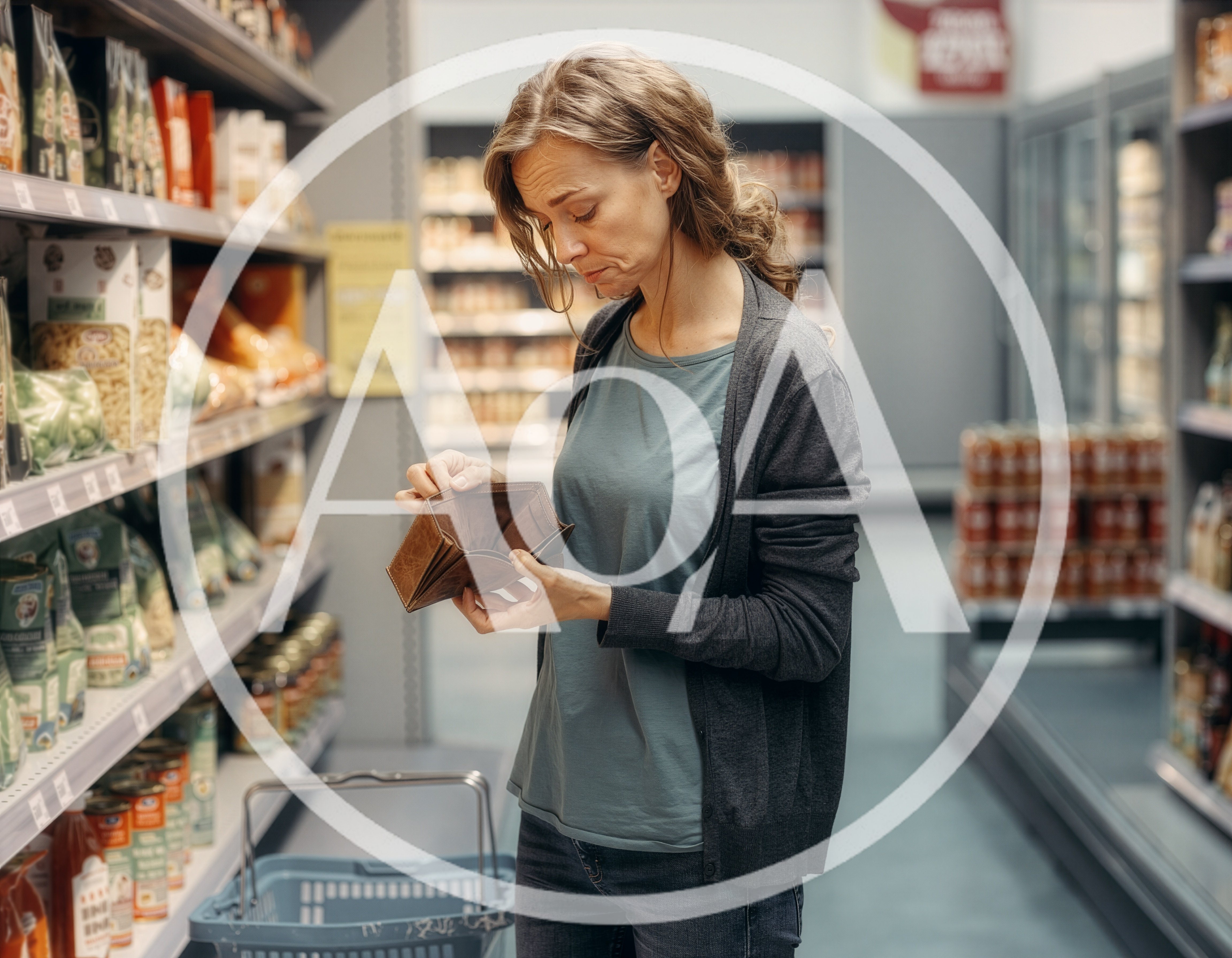 Stressed Woman Checking Empty Wallet in Grocery Store
