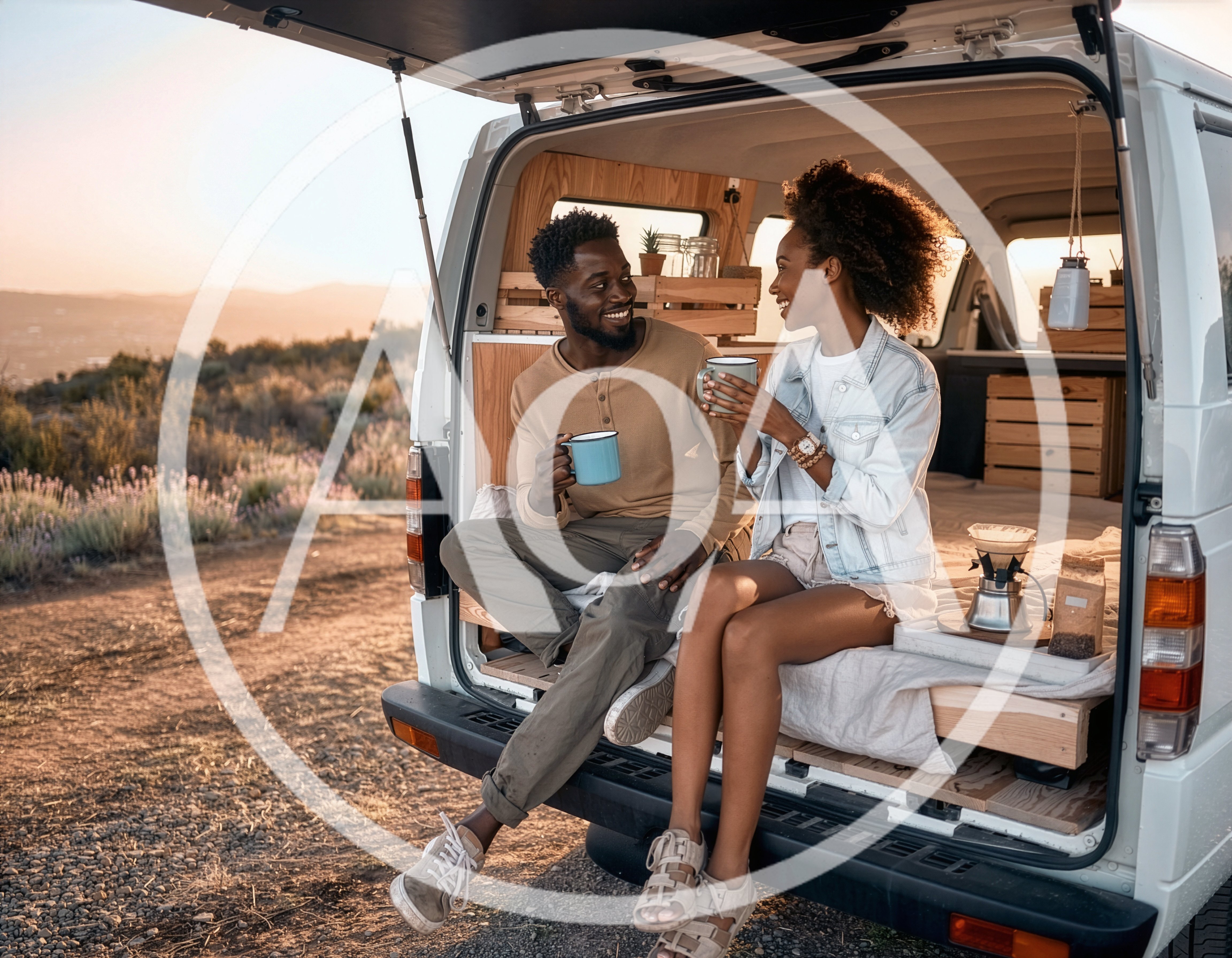 Couple Enjoying Coffee Inside A Camper Van At Sunset