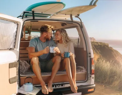 Young Couple Drinking Coffee In The Back Of A Van