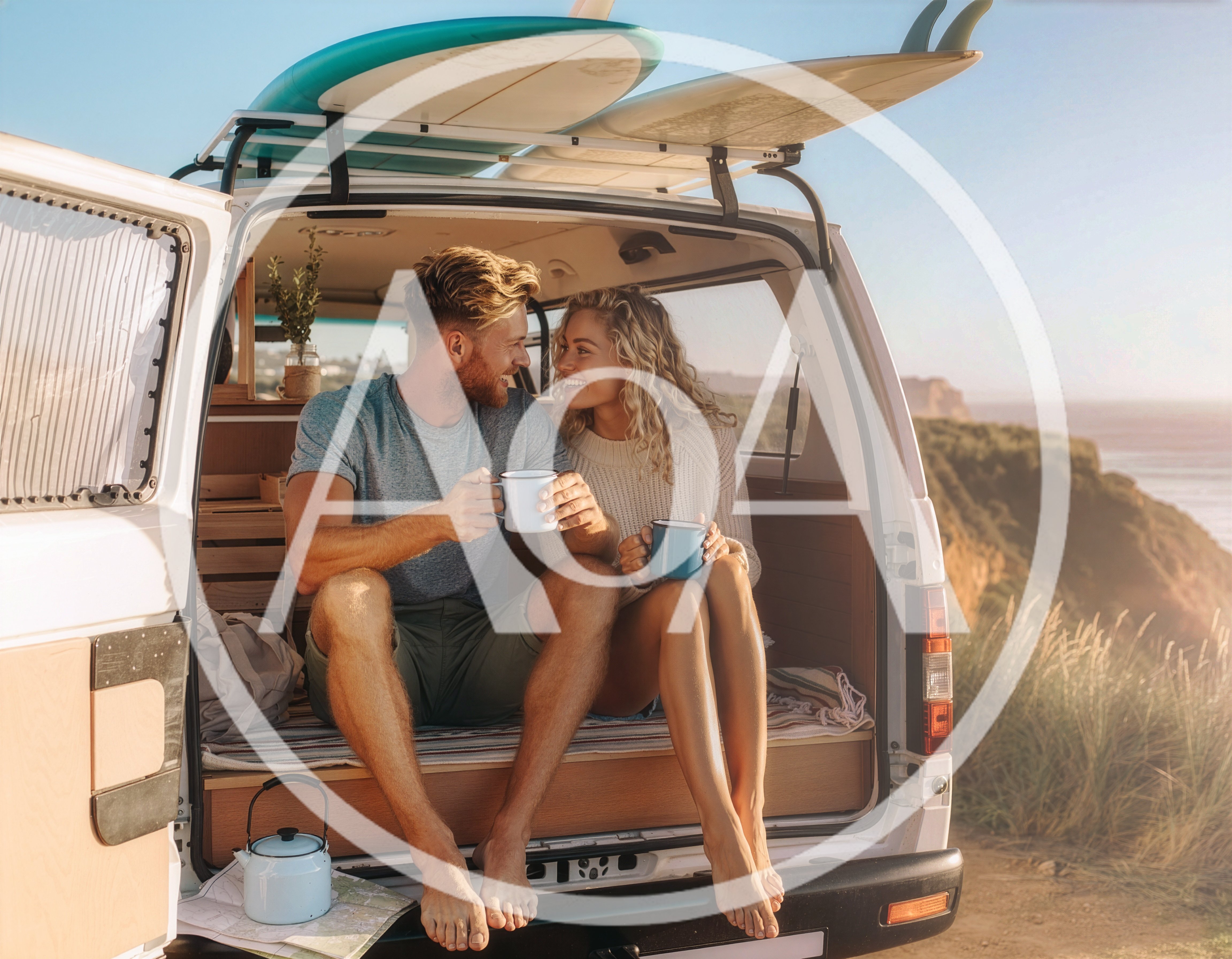 Young Couple Drinking Coffee In The Back Of A Van