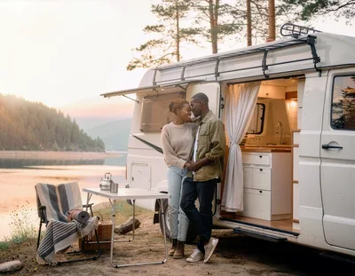 Couple Embracing Outside Their Camper Van By A Lake