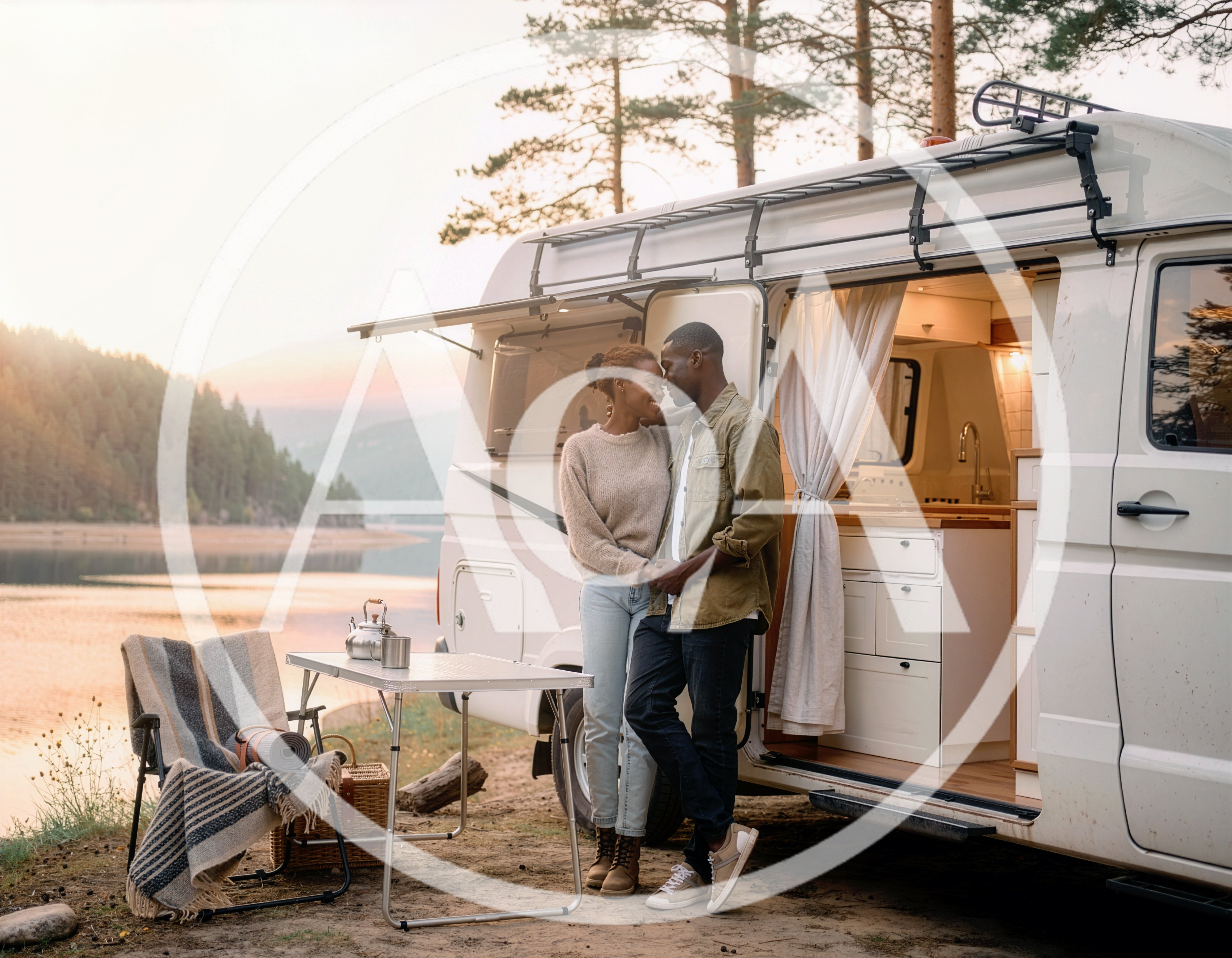 Couple Embracing Outside Their Camper Van By A Lake