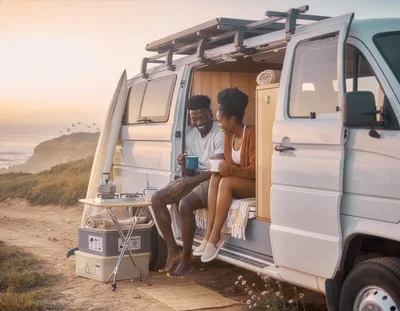 Young Couple Enjoying Coffee Inside Their Camper Van