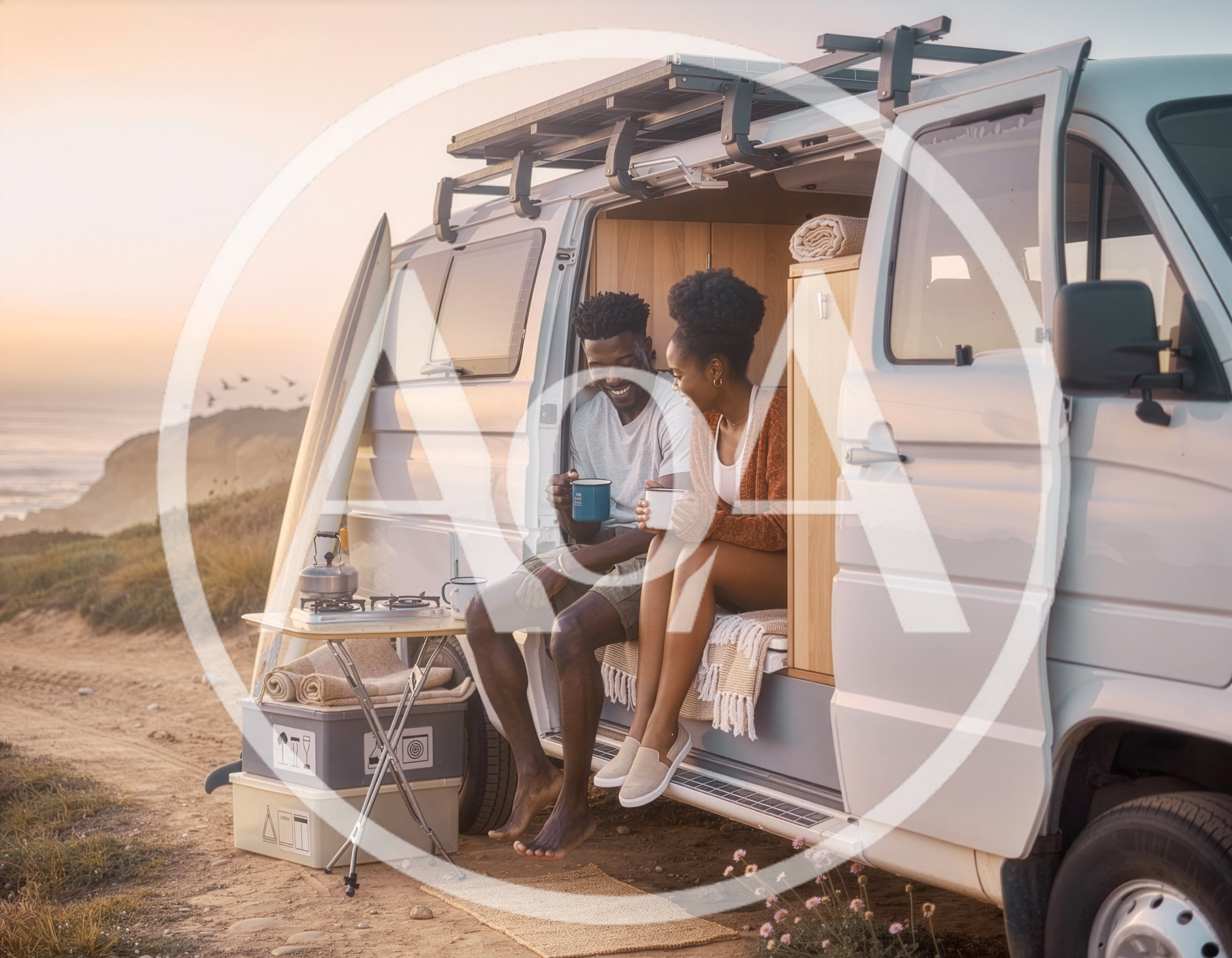 Young Couple Enjoying Coffee Inside Their Camper Van
